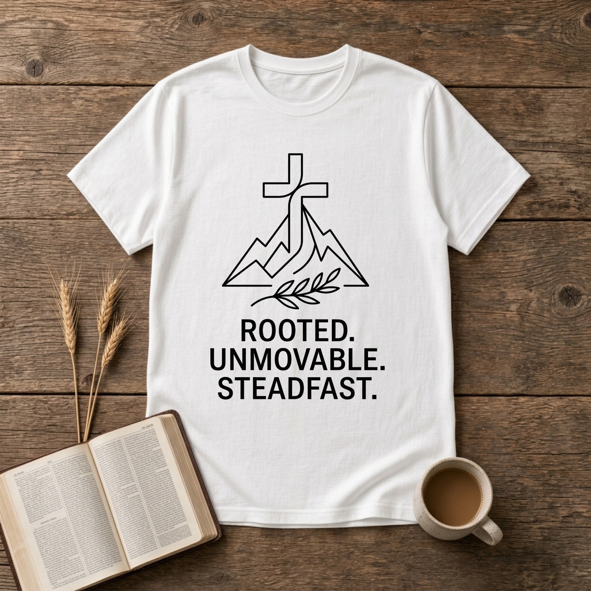 Line-drawn cross above stylized mountain peaks with Rooted Unmovable Steadfast on a White unisex T-Shirt
