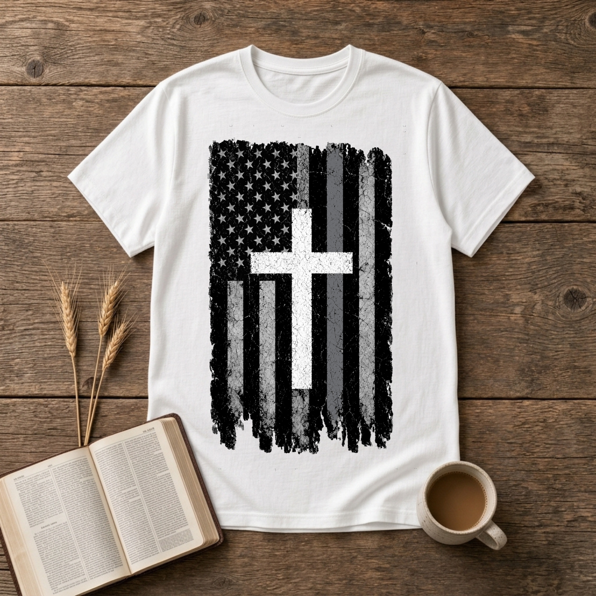 Faded American flag and distressed cross with a silver line on a White unisex T-Shirt