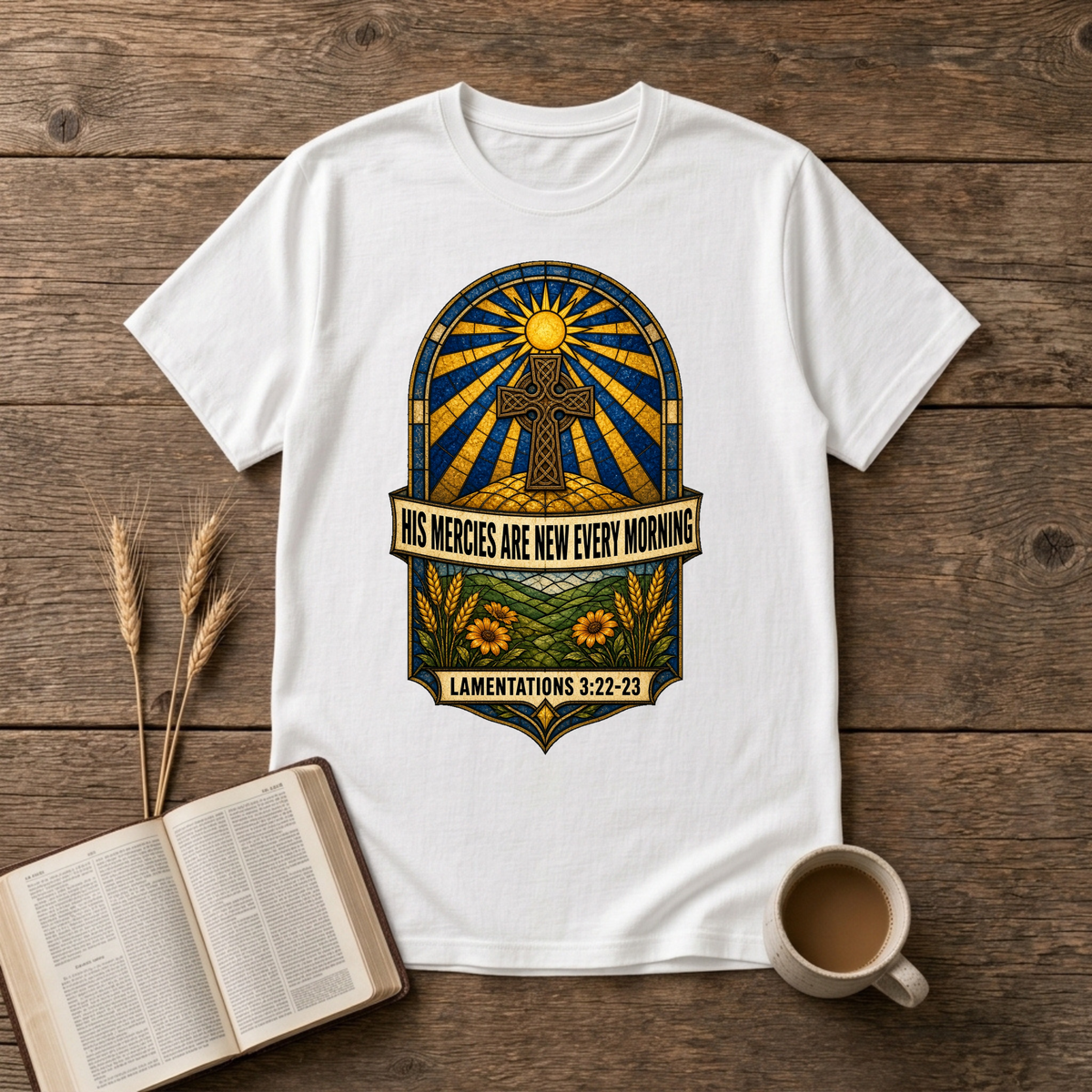 Emblem with sunbeams above a winding path, florals and His mercies banner on a White unisex T-Shirt