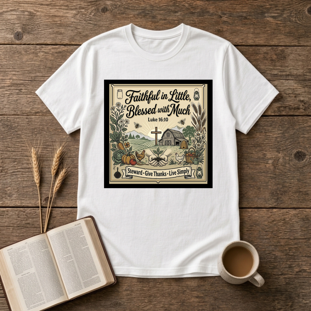Faithful in Little Blessed with Much Luke 16:10 verse framed with a country chapel on a White unisex T-Shirt