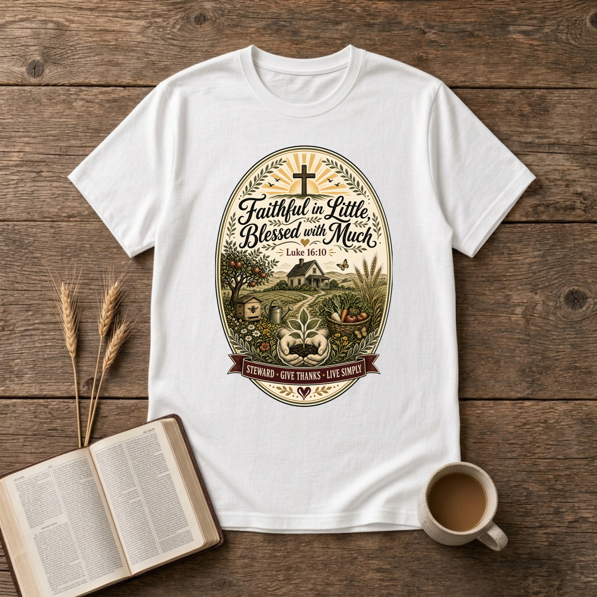 Faithful in Little Blessed with Much design with a small house, hills and cross at sunrise on a White unisex T-Shirt