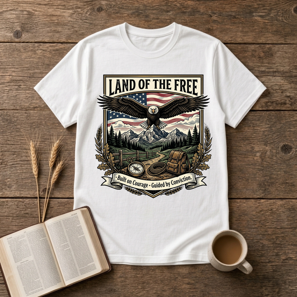 Monochrome eagle soaring above mountains and pines with a Land of the Free banner on a White unisex T-Shirt