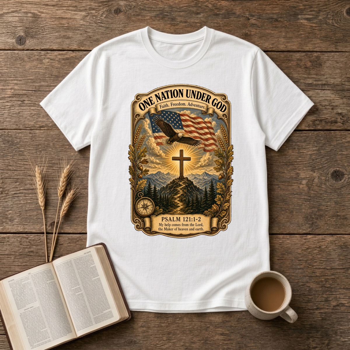 Waving flag, soaring eagle and simple cross over a misty landscape on a White unisex T-Shirt
