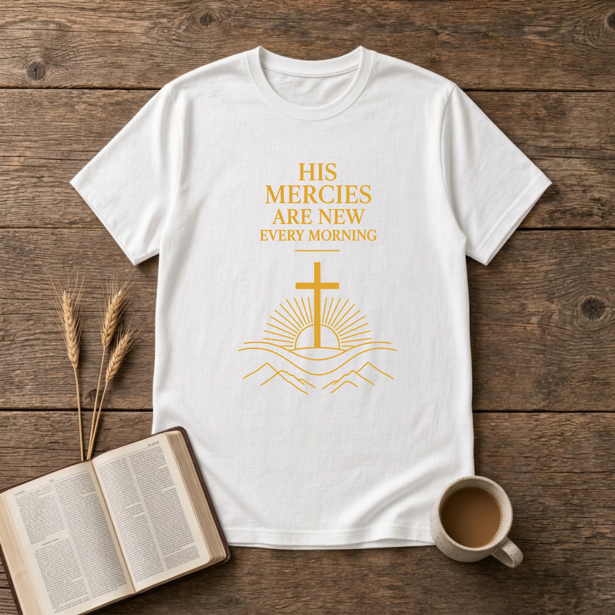 Minimalist serif lettering reading His mercies are new every morning on a White unisex T-Shirt