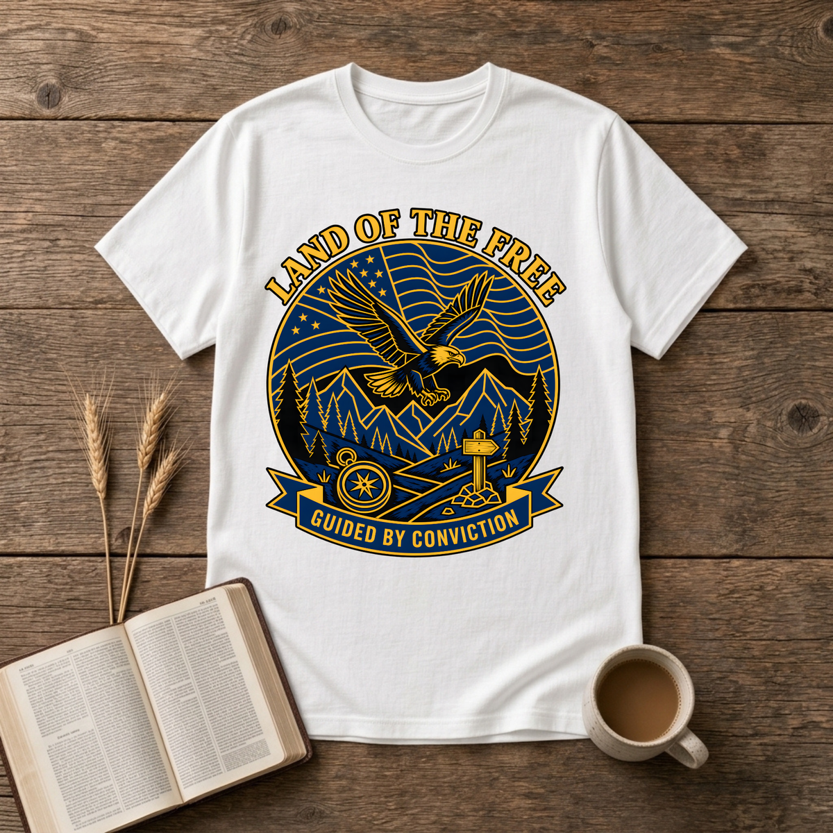 Bold monochrome emblem of an eagle in flight above mountains on a White unisex T-Shirt