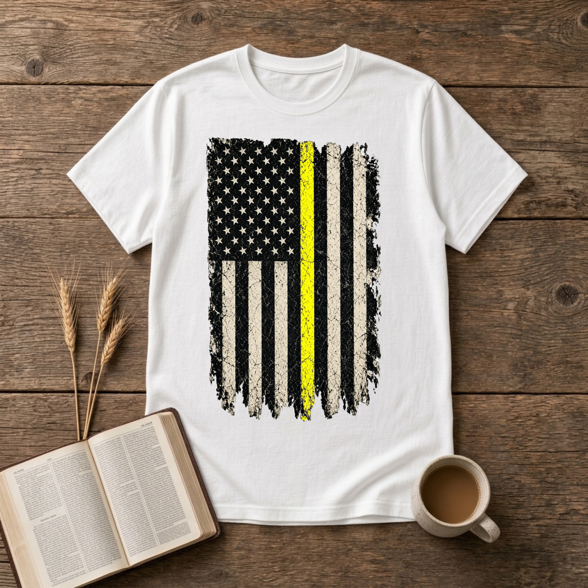 Vintage distressed American flag with a single yellow stripe on a White unisex T-Shirt