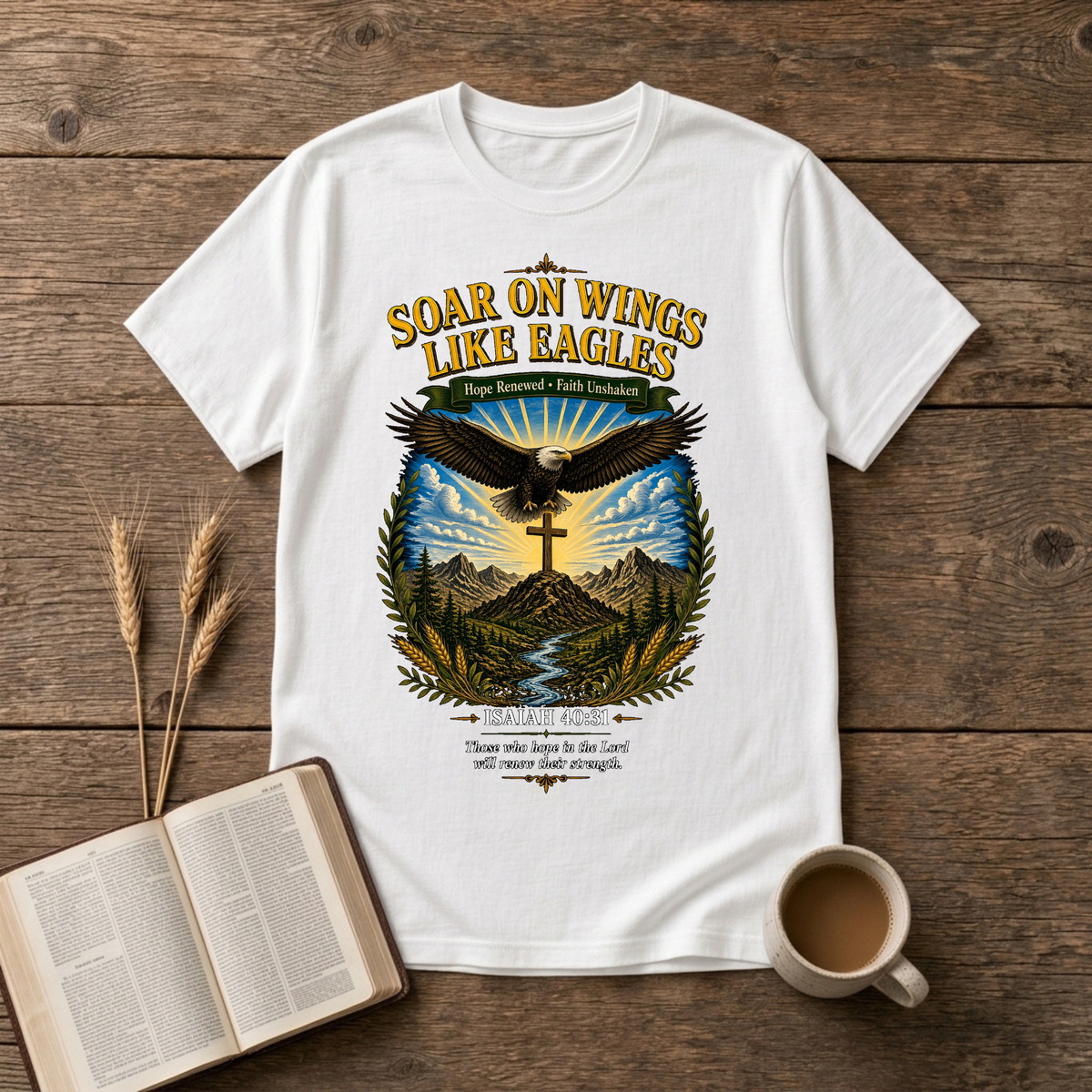 Vintage-style eagle artwork with Soar on Wings Like Eagles on a White unisex T-Shirt