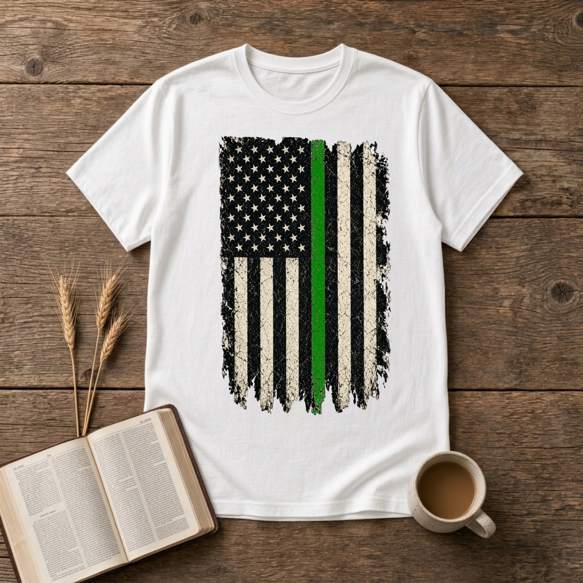 Distressed monochrome American flag with a thin green line on a White unisex T-Shirt