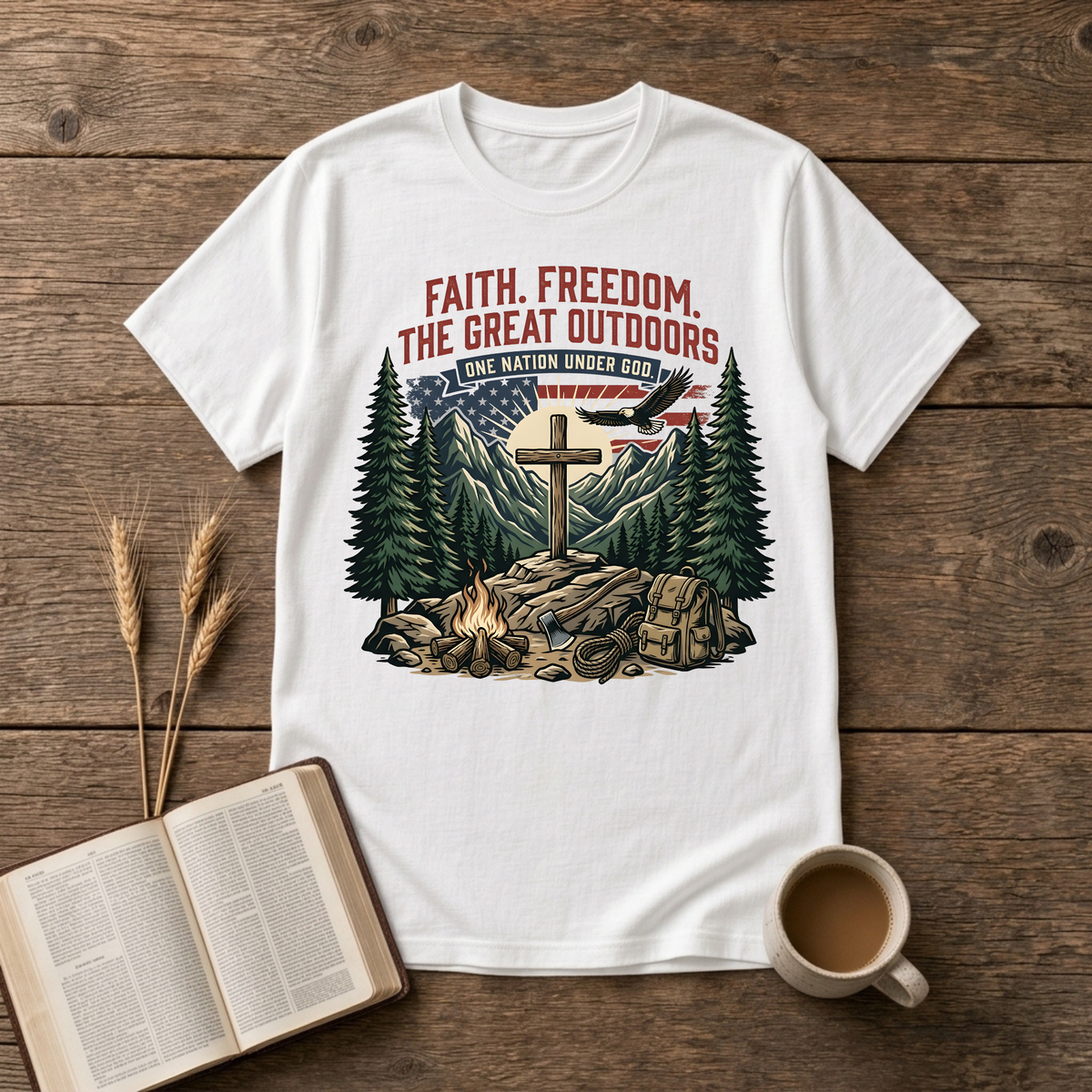 Wooden cross over a mountain at sunrise with pines, bald eagle and American flag on a White unisex T-Shirt