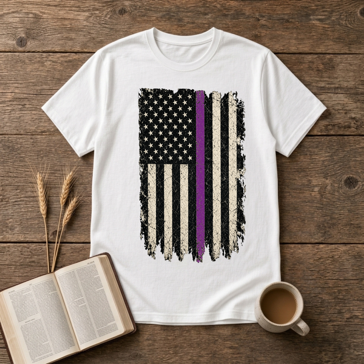 Distressed black and white American flag with a thin purple line on a White unisex T-Shirt