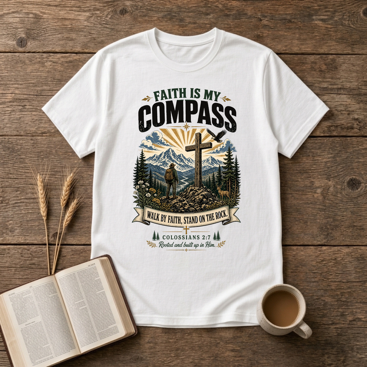 Faith Is My Compass lettering above a weathered cross amid pines and a rising sun on a White unisex T-Shirt