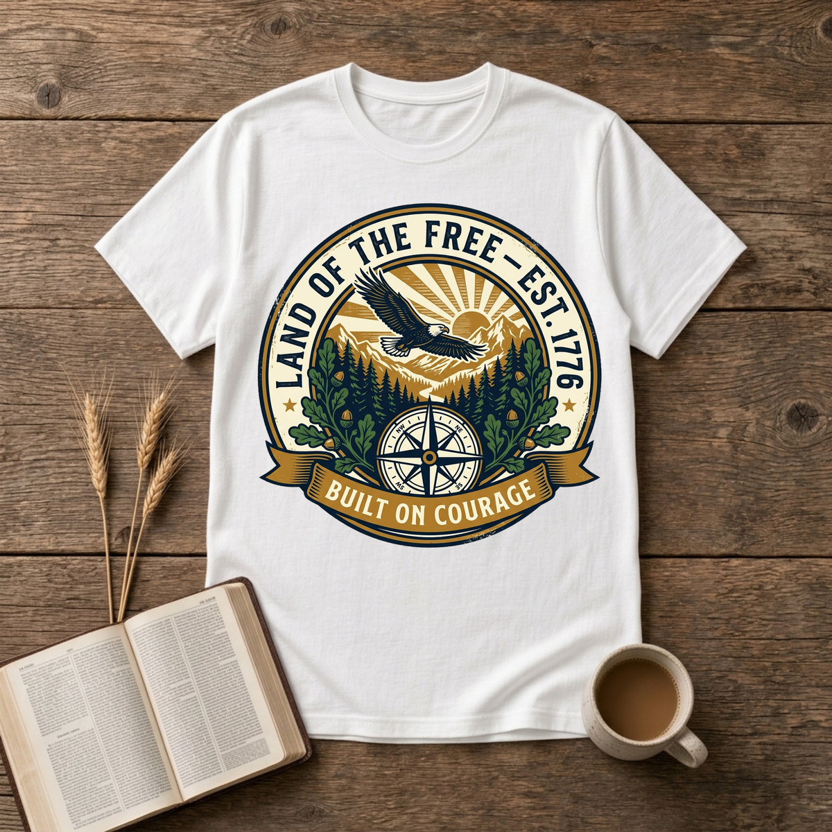 Faded emblem of an eagle gliding above pine silhouettes with a sunrise compass on a White unisex T-Shirt