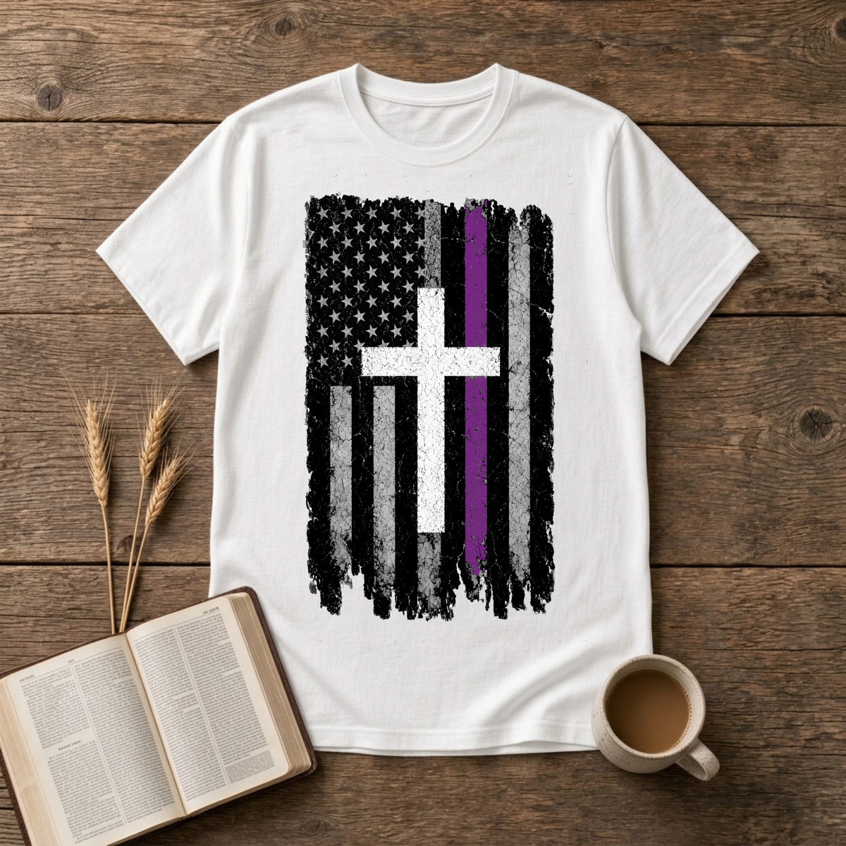 Distressed American flag with a lavender stripe and white cross on a White unisex T-Shirt