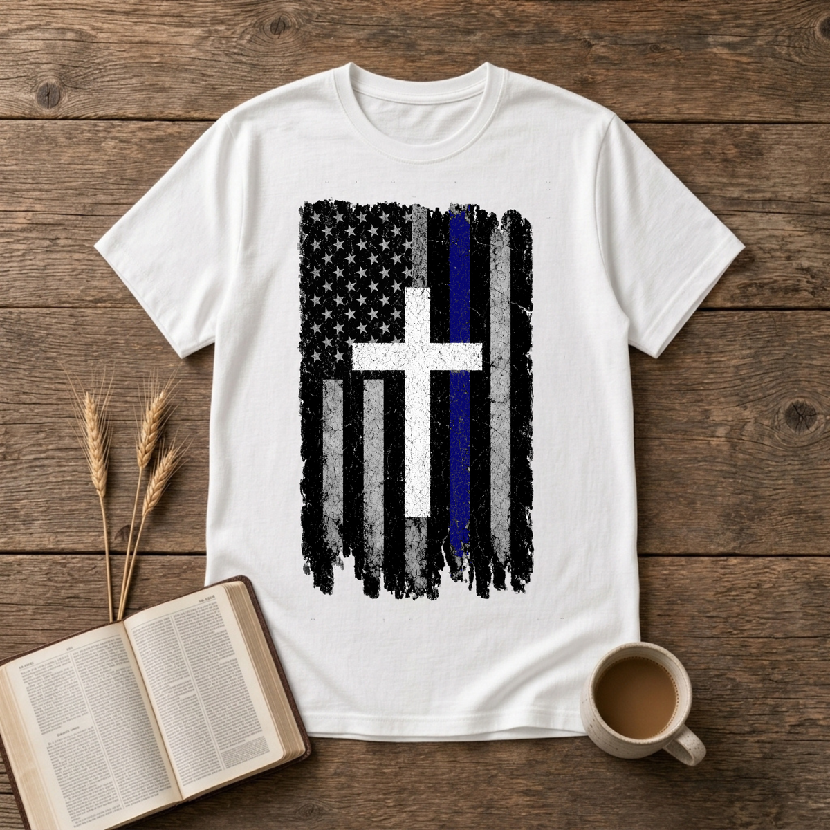 Faded black and white American flag with a thin blue line and cross on a White unisex T-Shirt
