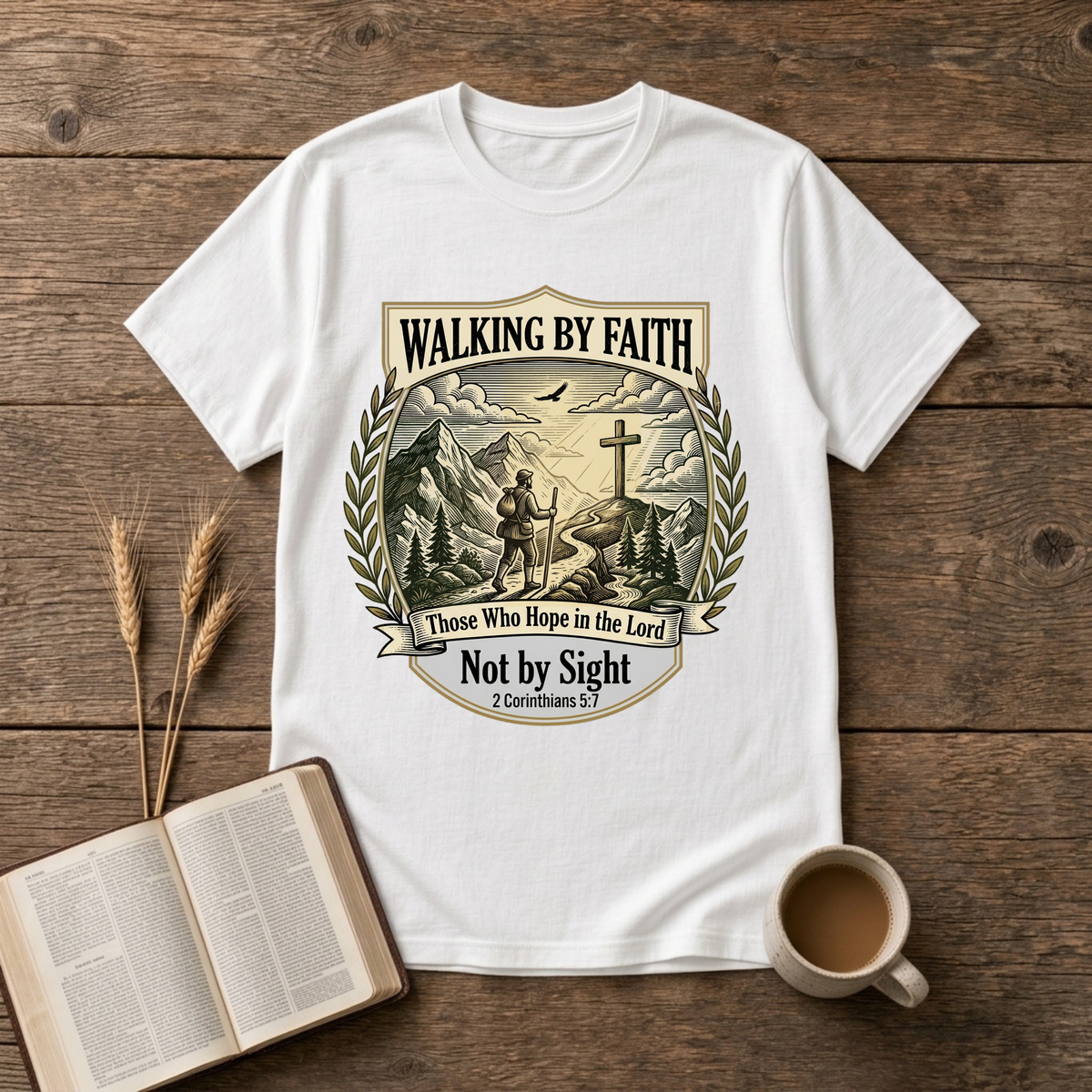 Walking by Faith grayscale scene with mountains, lone walker and cross on a hill on a White unisex T-Shirt