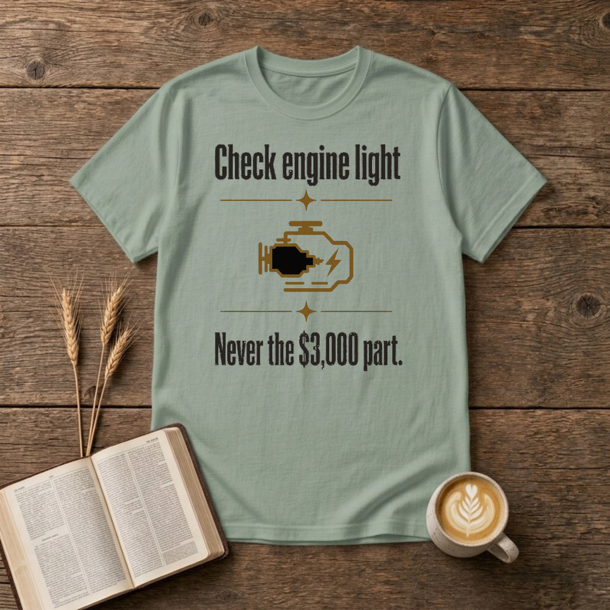 Check Engine Light Never The $3,000 Part Funny Mechanic T-Shirt, Sage, Lantrum