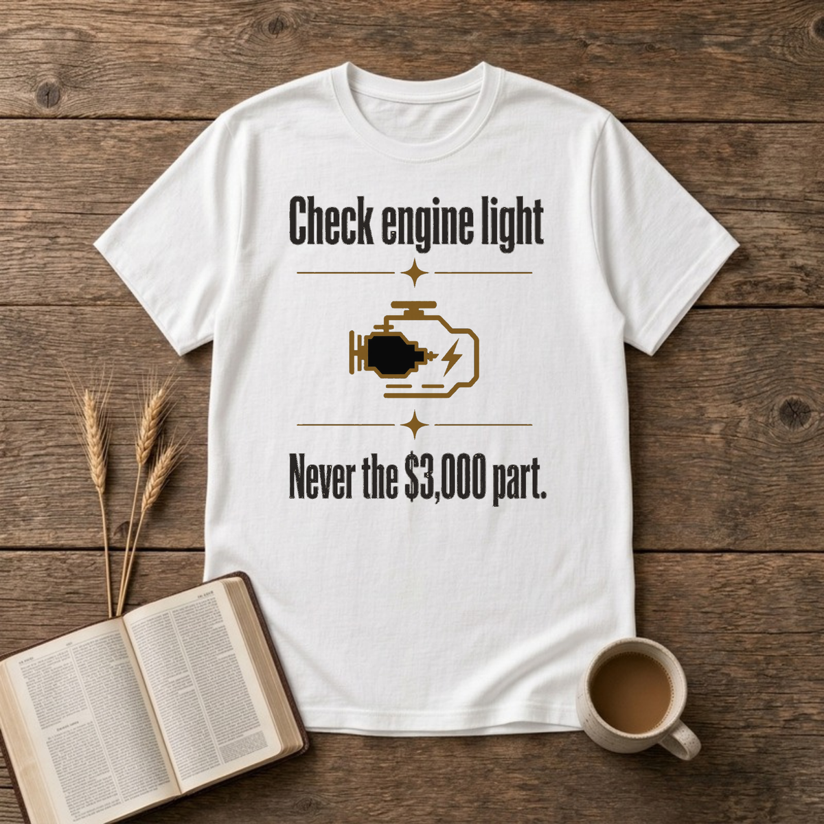 Check Engine Light Never The $3,000 Part Funny Mechanic T-Shirt, White, Lantrum