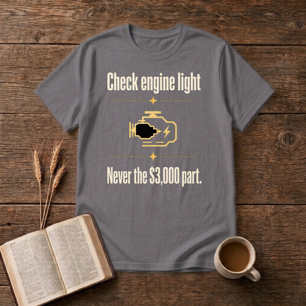 Check Engine Light Never The $3,000 Part Funny Mechanic T-Shirt, Charcoal, Lantrum