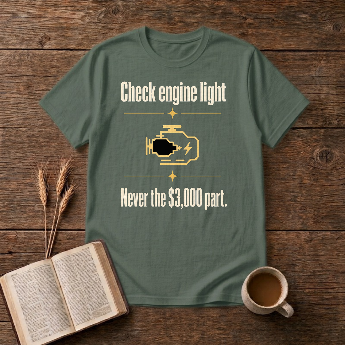 Check Engine Light Never The $3,000 Part Funny Mechanic T-Shirt, Military Green, Lantrum