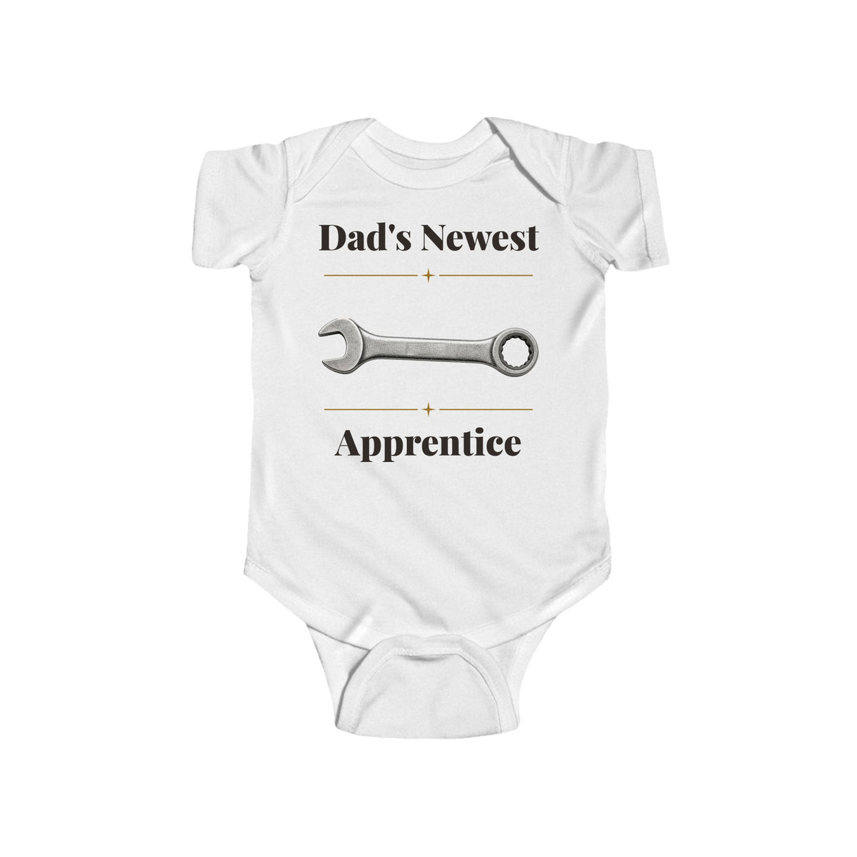 Dad's Newest Apprentice baby bodysuit in White on a wood table with a knit blanket, wooden rattle and open Bible