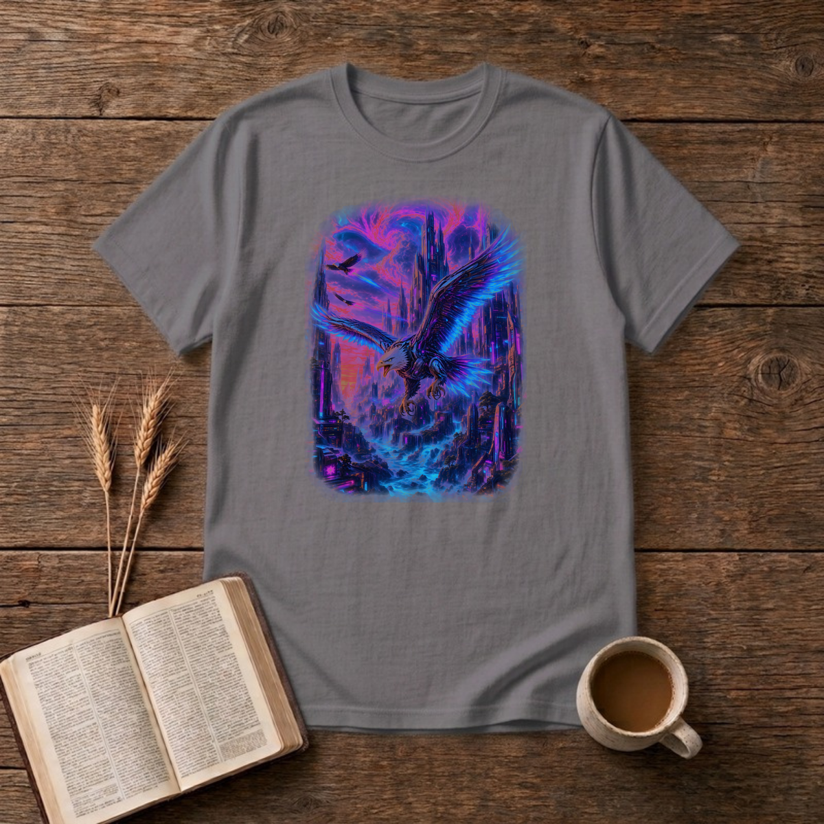 Ethereal Angel Wings T-Shirt in Charcoal, front view, eagle with glowing violet and electric blue wings soaring between city spires graphic