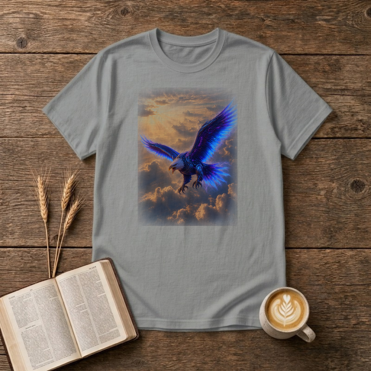 Ethereal Eagle T-Shirt in Sport Grey, front view, blue-winged eagle swooping over sunlit golden clouds graphic
