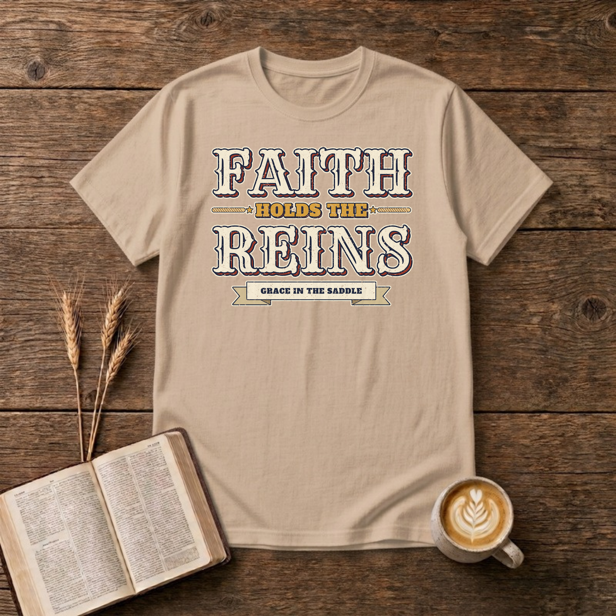 Faith Holds The Reins T-Shirt in Natural, distressed western lettering with a Grace In The Saddle banner, rope lines and stars