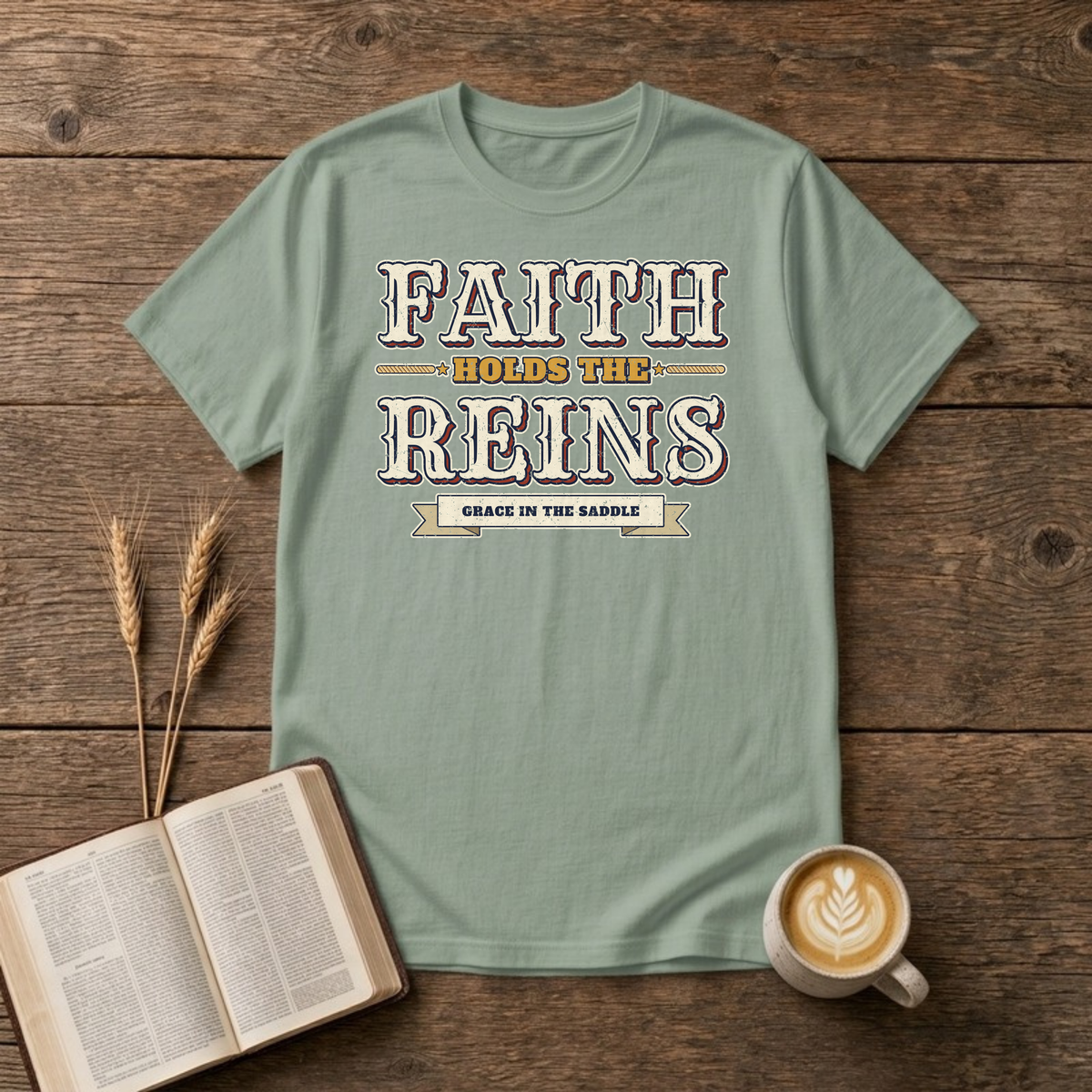 Faith Holds The Reins T-Shirt in Sage, distressed western lettering with a Grace In The Saddle banner, rope lines and stars