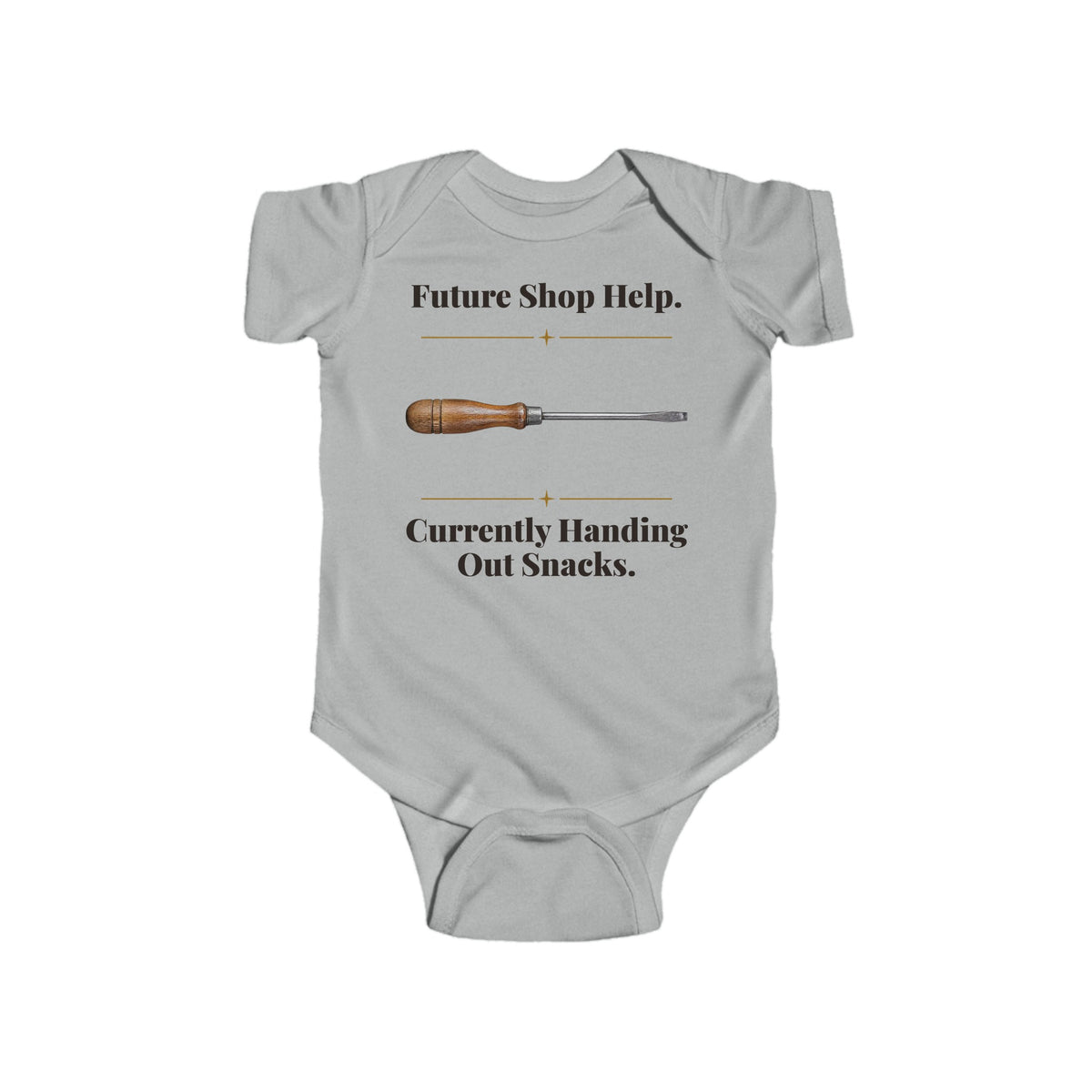 Future Shop Help baby bodysuit in Heather on a wood table with a knit blanket, wooden rattle and open Bible