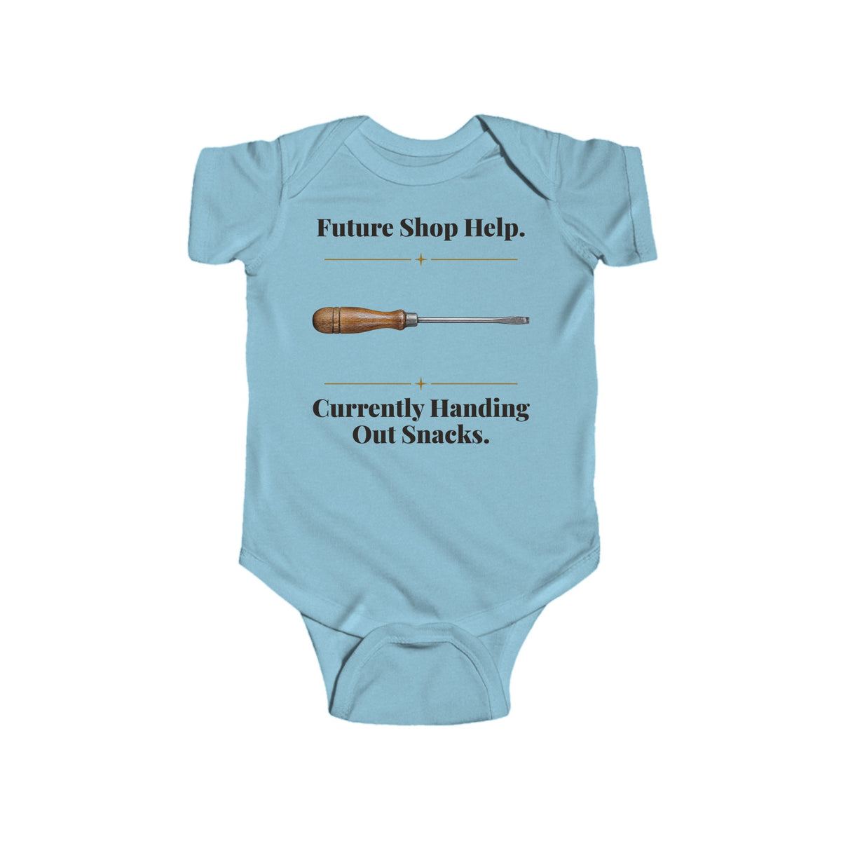 Future Shop Help baby bodysuit in Light Blue on a wood table with a knit blanket, wooden rattle and open Bible