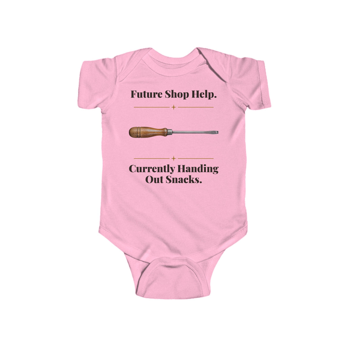 Future Shop Help baby bodysuit in Pink on a wood table with a knit blanket, wooden rattle and open Bible