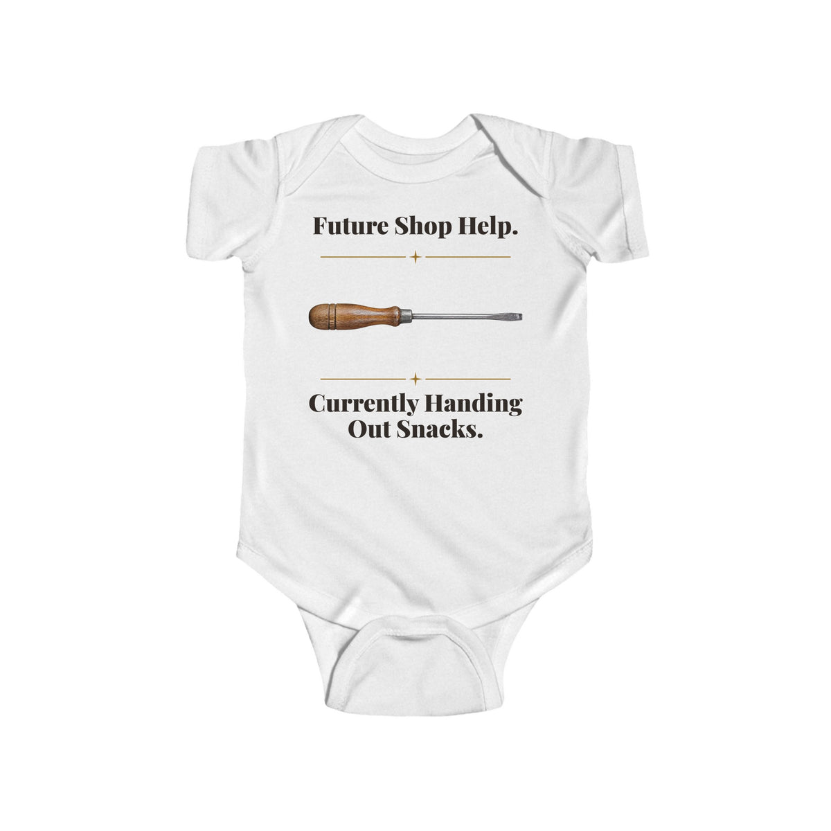 Future Shop Help baby bodysuit in White on a wood table with a knit blanket, wooden rattle and open Bible
