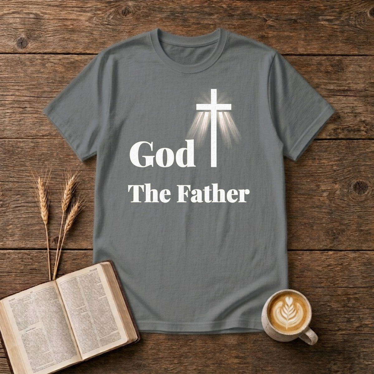God The Father T-Shirt in Graphite Heather, gold cross and serif lettering Christian graphic