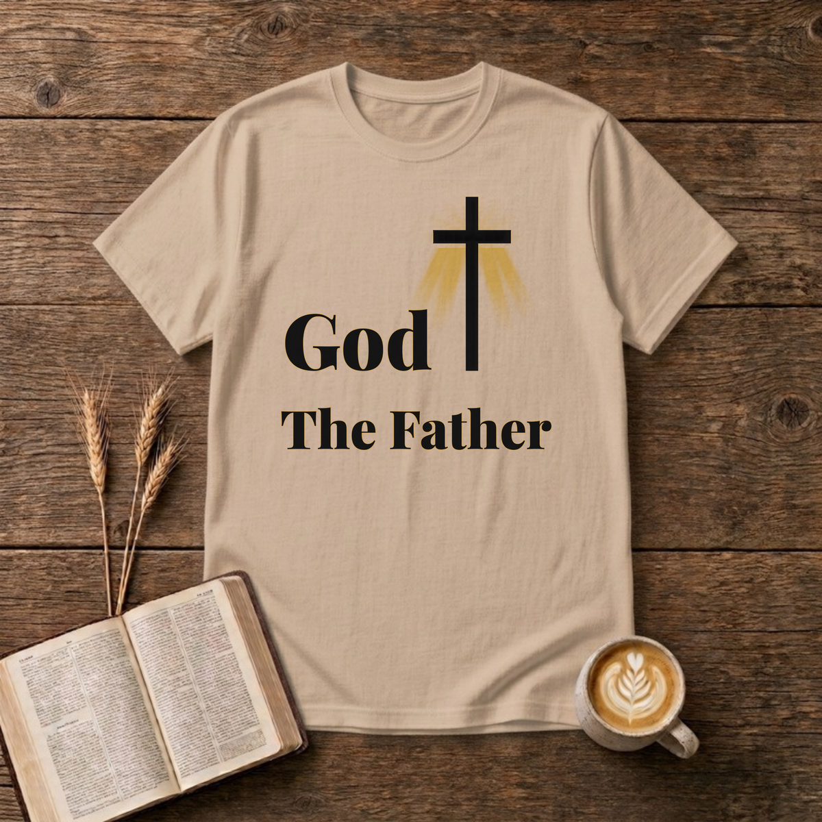 God The Father T-Shirt in Natural, gold cross and serif lettering Christian graphic