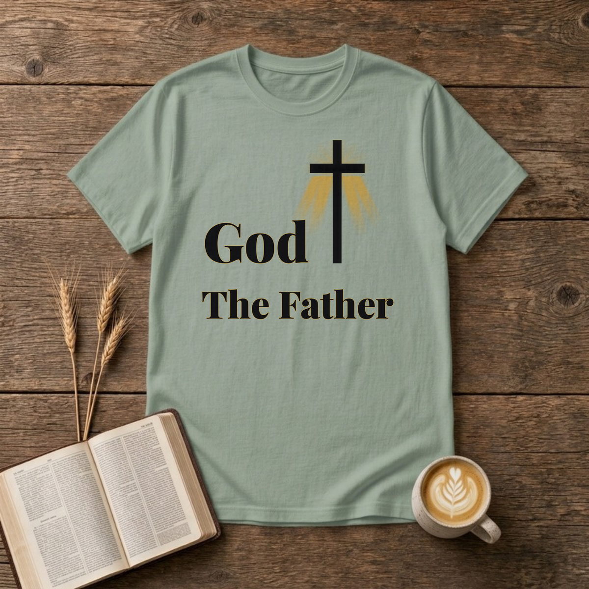 God The Father T-Shirt in Sage, gold cross and serif lettering Christian graphic