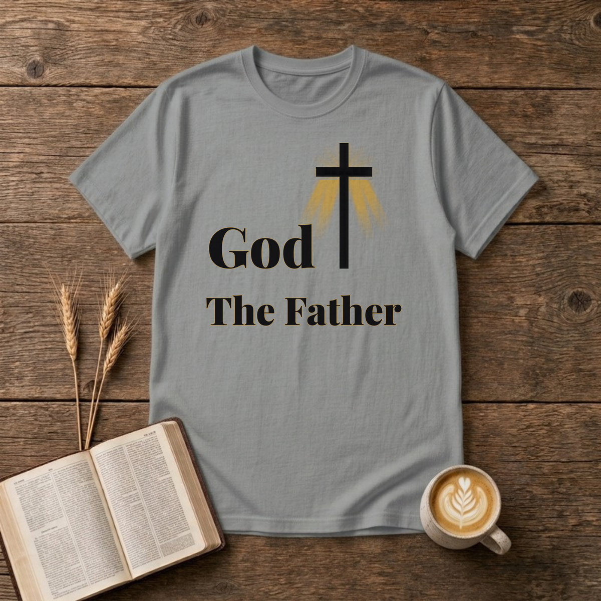 God The Father T-Shirt in Sport Grey, gold cross and serif lettering Christian graphic