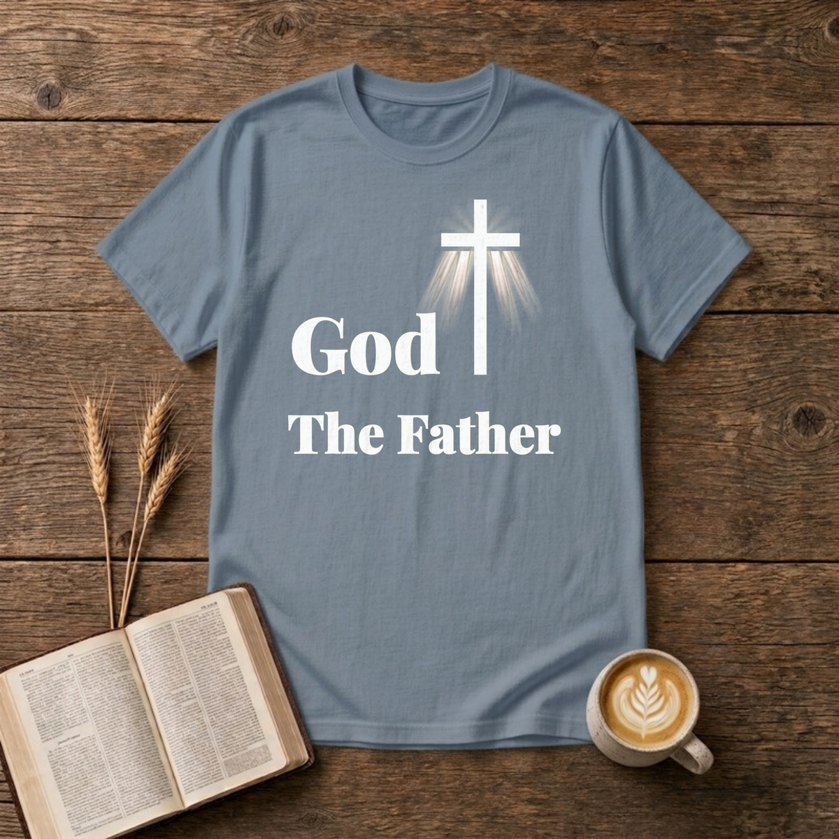 God The Father T-Shirt in Stone Blue, gold cross and serif lettering Christian graphic