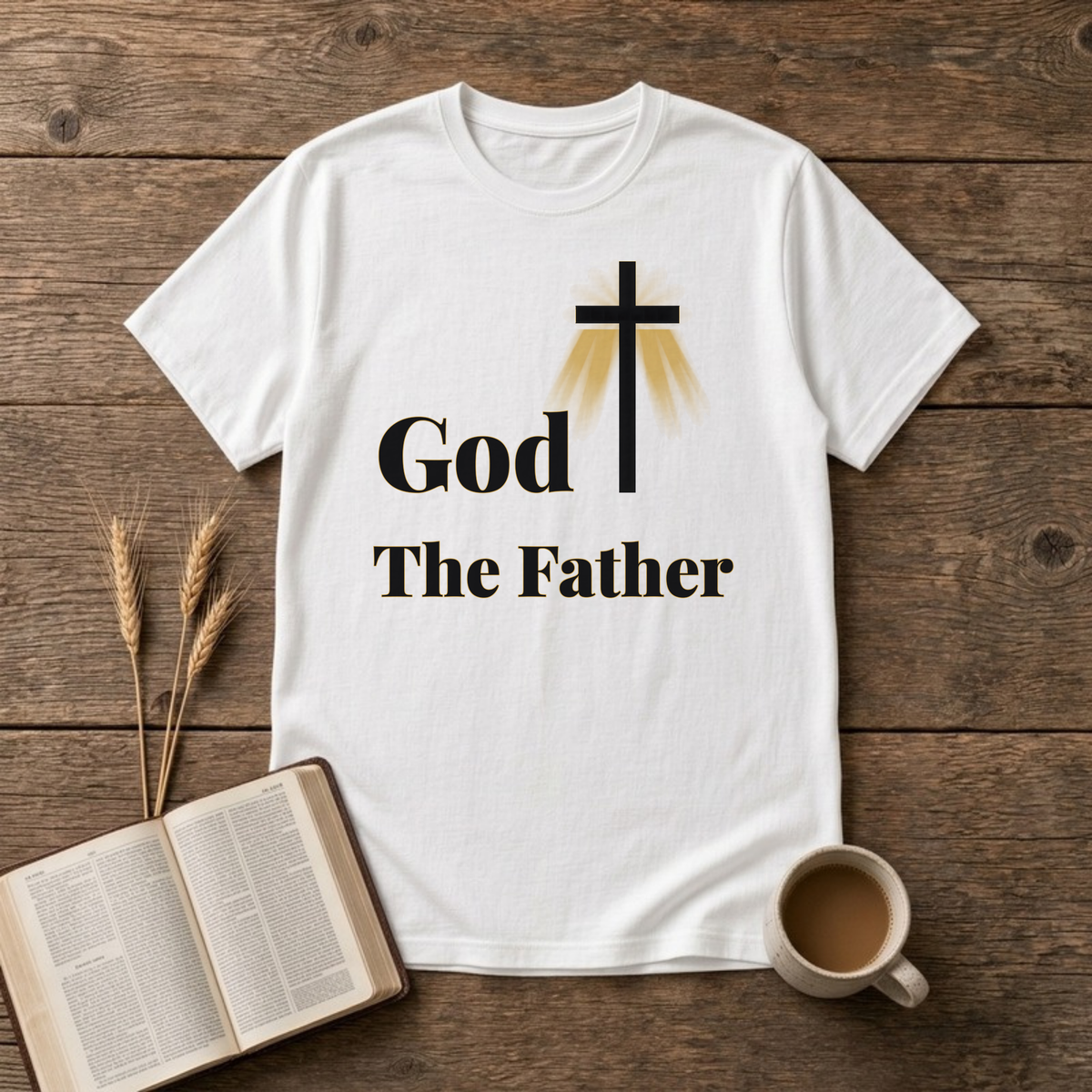 God The Father T-Shirt in White, gold cross and serif lettering Christian graphic
