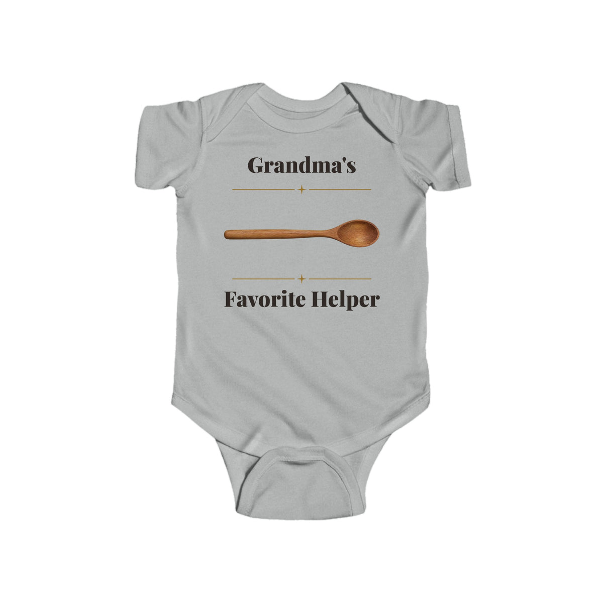 Grandma's Favorite Helper baby bodysuit in Heather on a wood table with a knit blanket, wooden rattle and open Bible