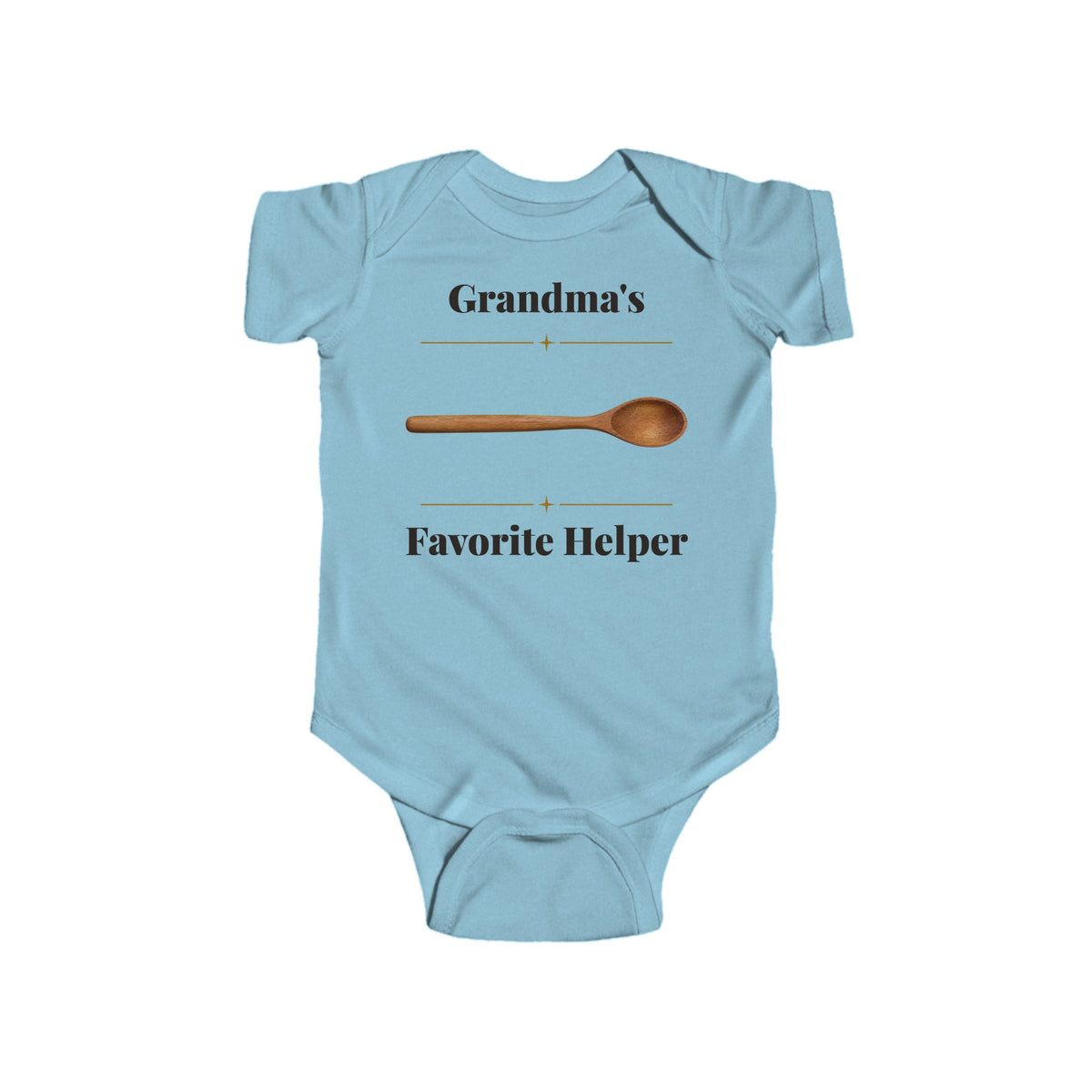 Grandma's Favorite Helper baby bodysuit in Light Blue on a wood table with a knit blanket, wooden rattle and open Bible