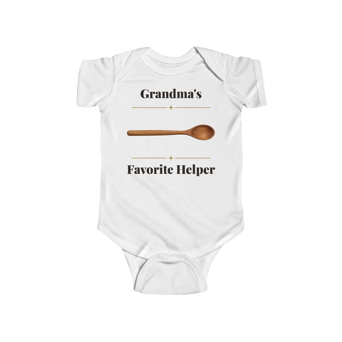 Grandma's Favorite Helper baby bodysuit in White on a wood table with a knit blanket, wooden rattle and open Bible