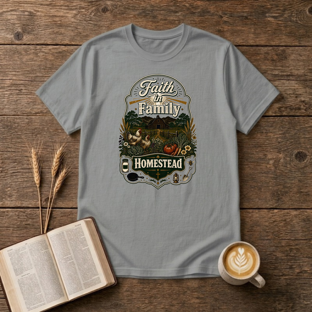 Faith in Family Homestead arched badge with farmhouse, hens, garden harvest and a small cross on a Sport Grey unisex T-shirt