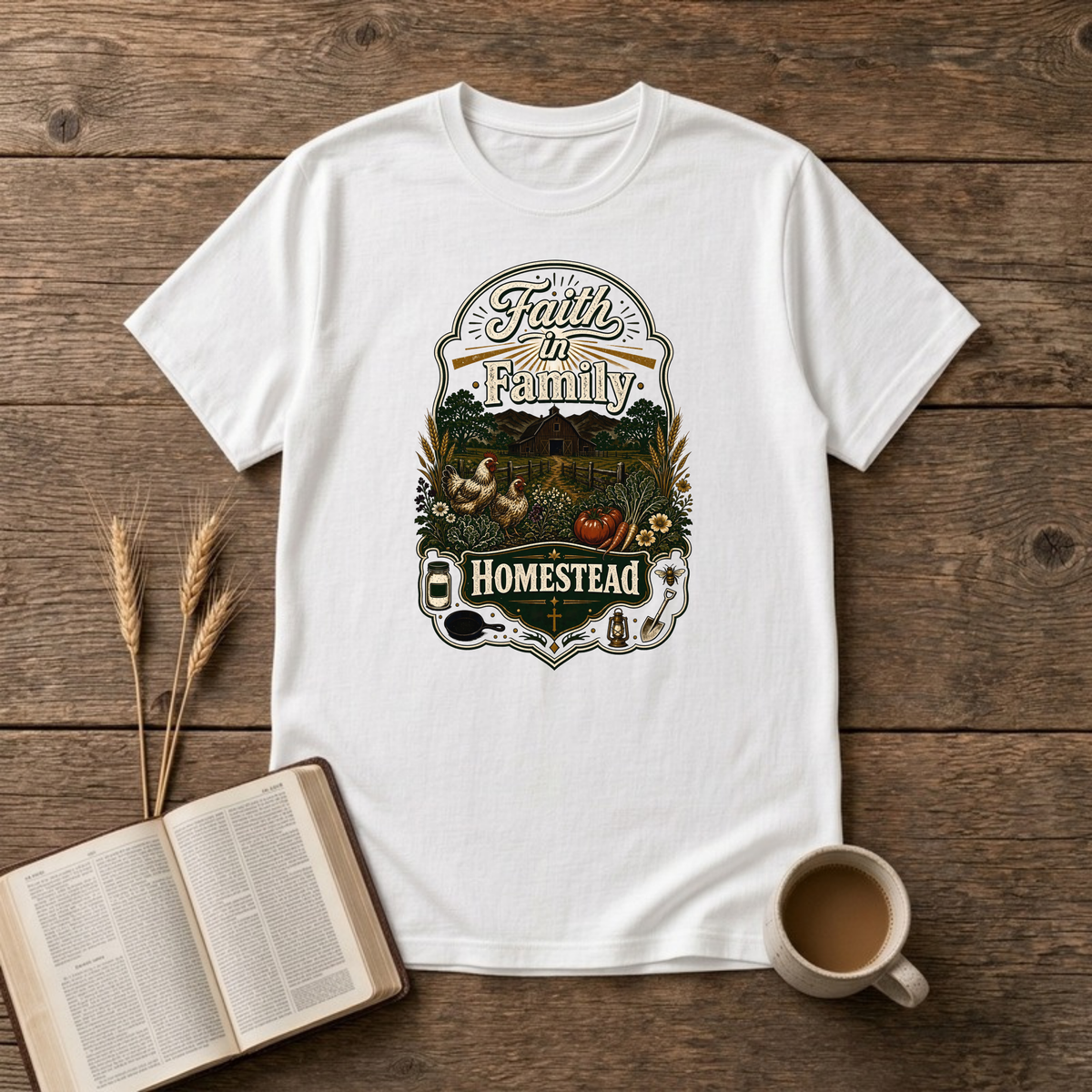 Faith in Family Homestead arched badge with farmhouse, hens, garden harvest and a small cross on a White unisex T-shirt