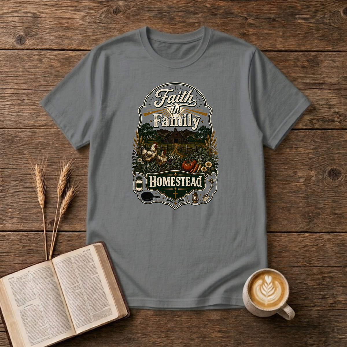 Faith in Family Homestead arched badge with farmhouse, hens, garden harvest and a small cross on a Graphite Heather unisex T-shirt