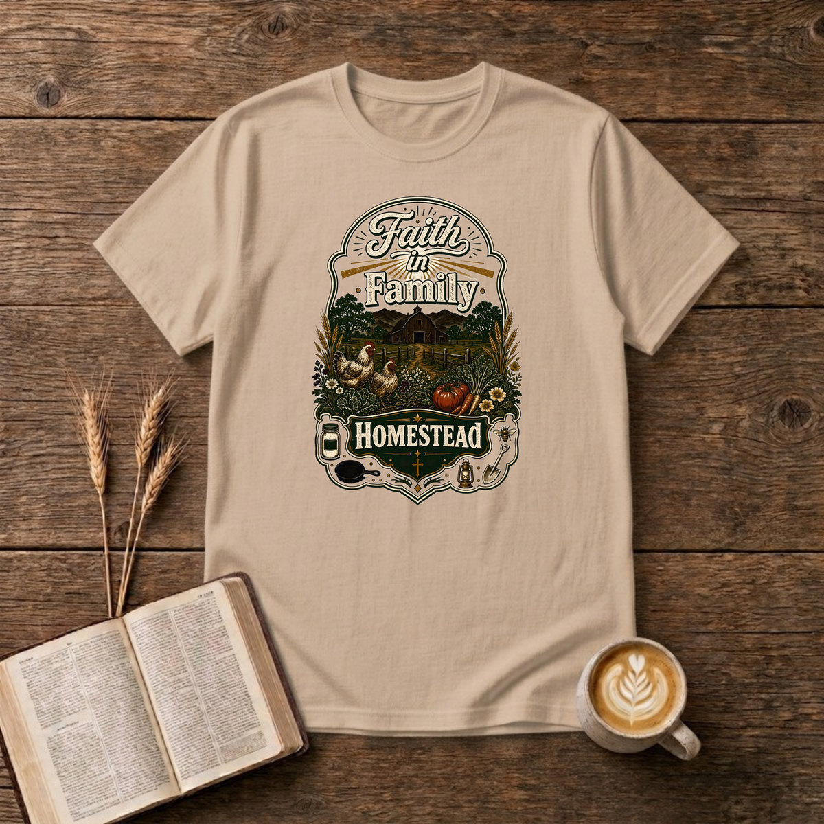 Faith in Family Homestead arched badge with farmhouse, hens, garden harvest and a small cross on a Natural unisex T-shirt