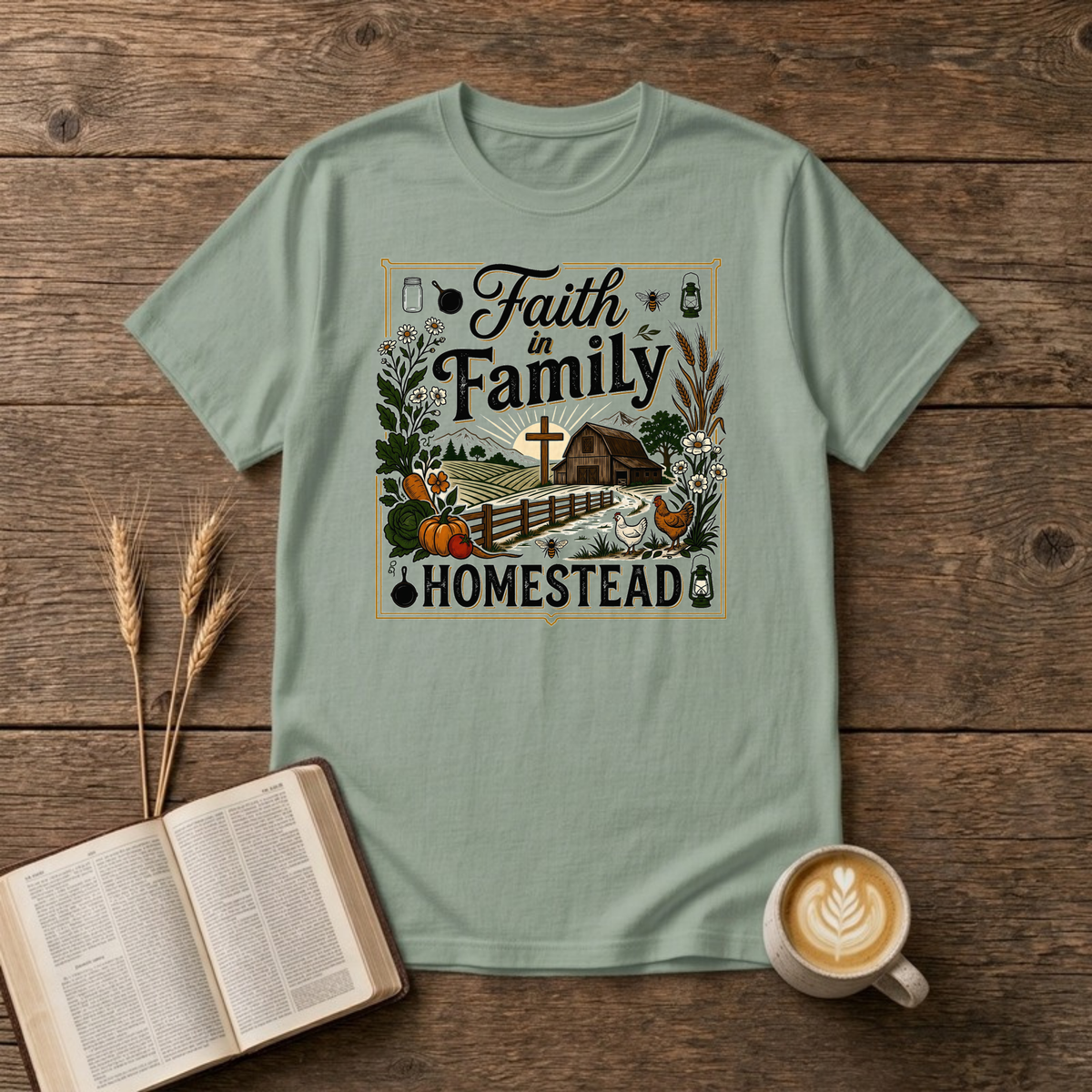 Faith in Family Homestead design with red barn, sunrise cross, fence and a garden harvest on a Sage unisex T-shirt