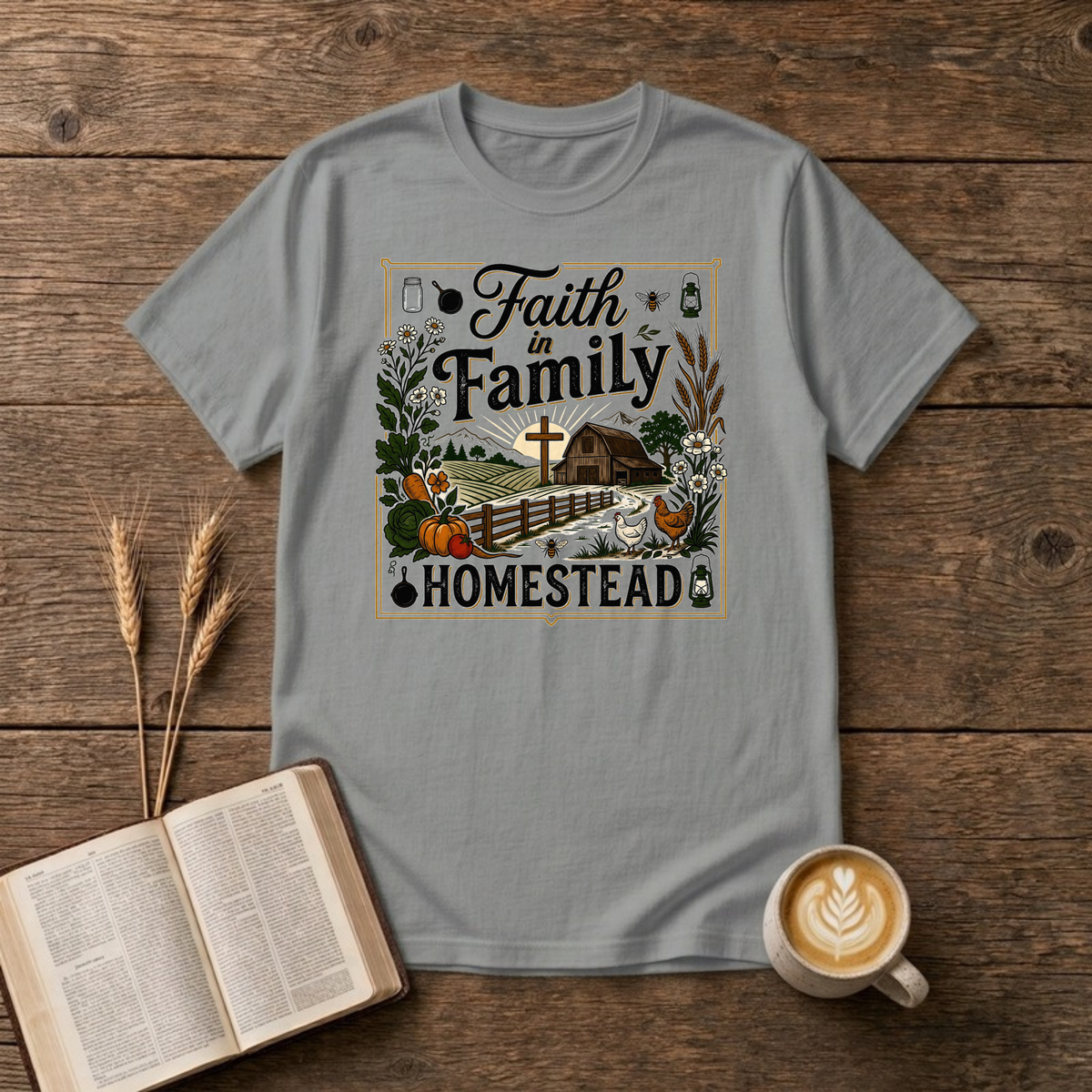 Faith in Family Homestead design with red barn, sunrise cross, fence and a garden harvest on a Sport Grey unisex T-shirt