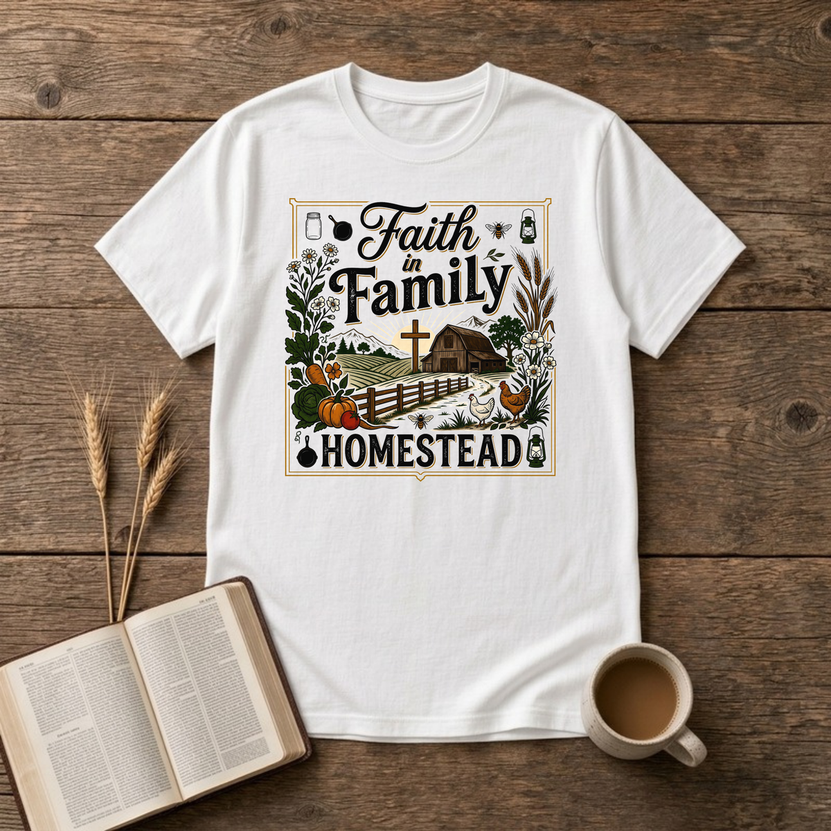 Faith in Family Homestead design with red barn, sunrise cross, fence and a garden harvest on a White unisex T-shirt