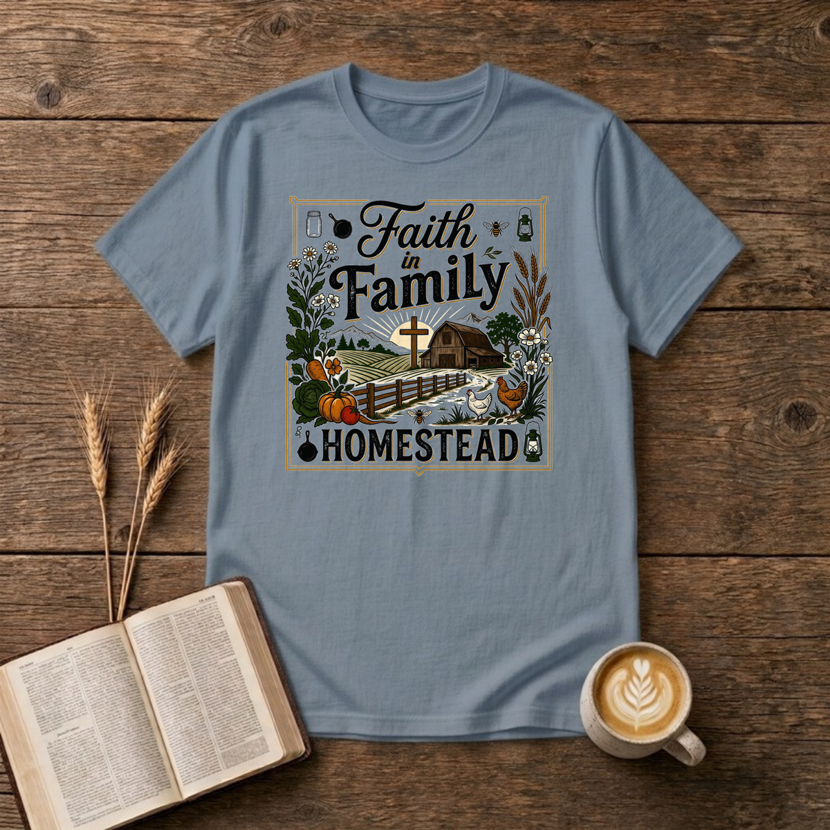 Faith in Family Homestead design with red barn, sunrise cross, fence and a garden harvest on a Stone Blue unisex T-shirt