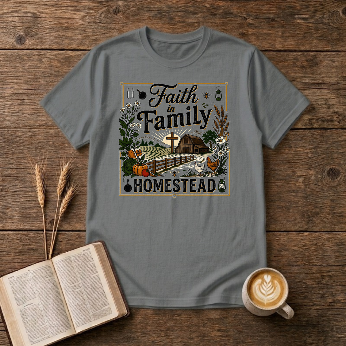 Faith in Family Homestead design with red barn, sunrise cross, fence and a garden harvest on a Graphite Heather unisex T-shirt